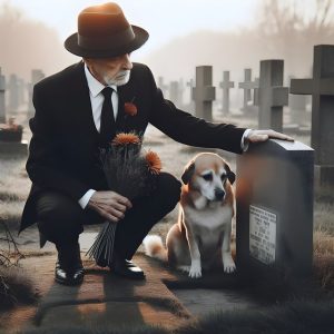 man and dog at gravesite