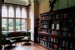 library with big window and chairs