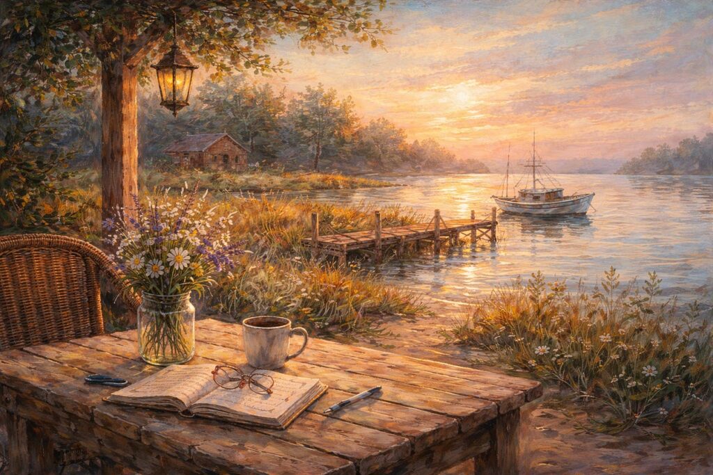 stylised image of table overlooking lake with boat