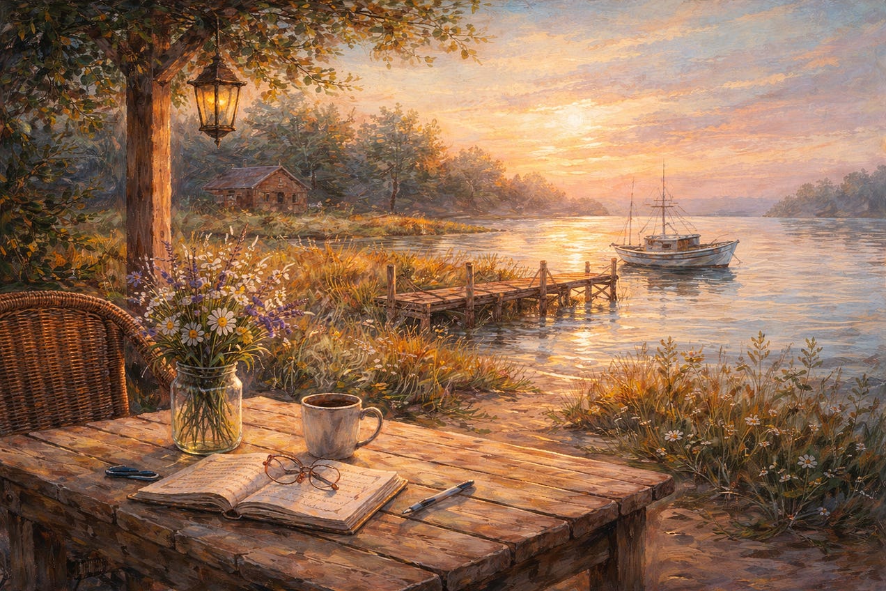 stylised image of table overlooking lake with boat